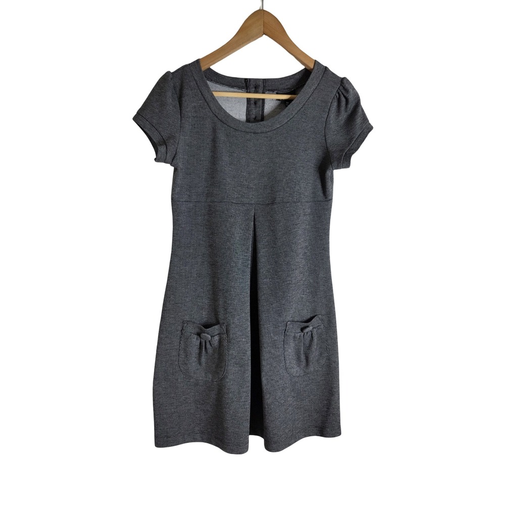 En Focus Gray Knit Short Sleeve Shift Dress with Bow Pockets 8P Dark Academia
